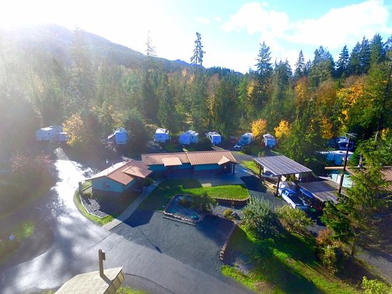 Aerial view of Elwha RV Park nestled among autumn forest